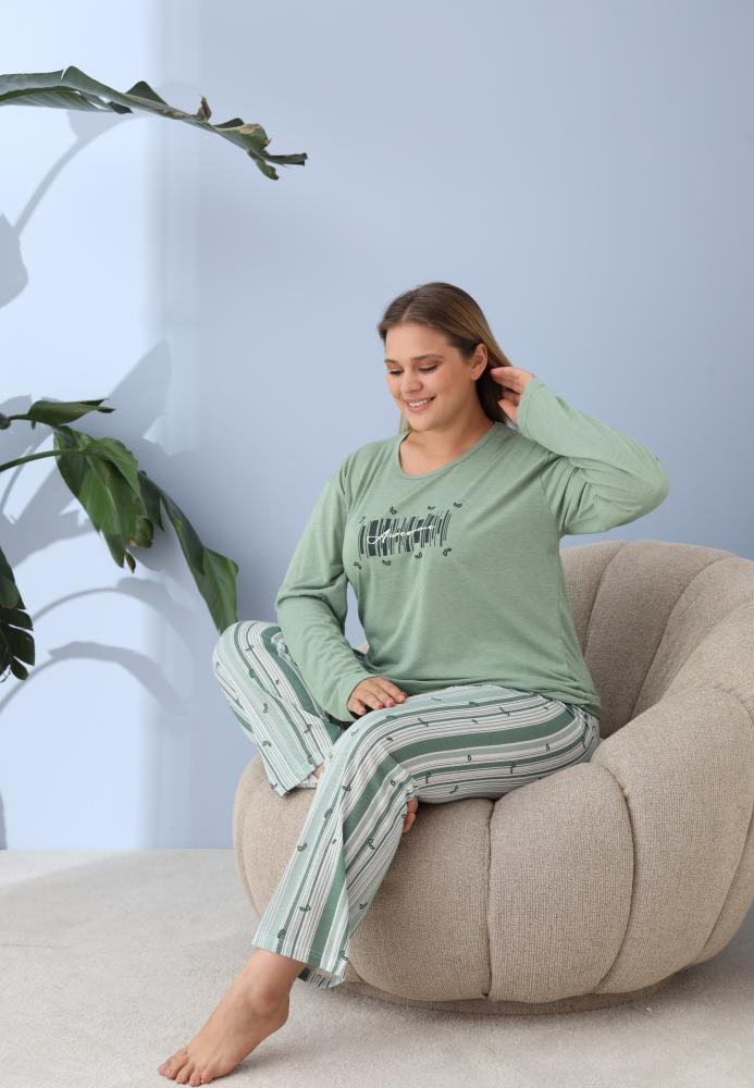 Pijama Dama ,Big Size ,''Awrsome " cu Pantloni si Maneca lunga, Culoare Verde,Engros